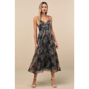 Lulus Alondra Dark Green Multi Floral Pleated Midi Dress - Size M